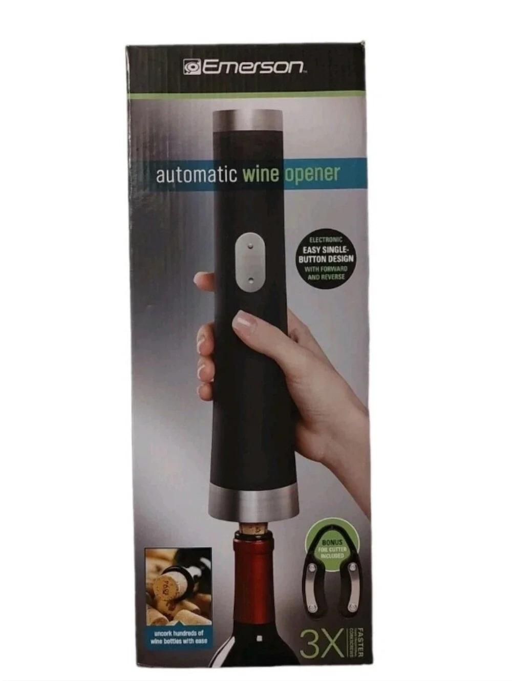 NEW Emerson Automatic Wine Bottle Opener Battery Operated Corkscrew & Cutter